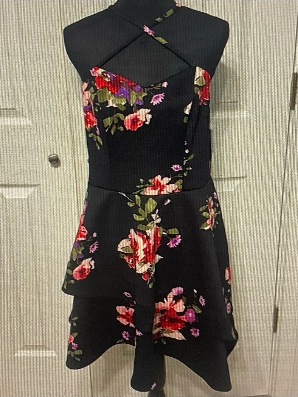 Sequin Hearts Black Floral Cross-Strap A-Line Dress